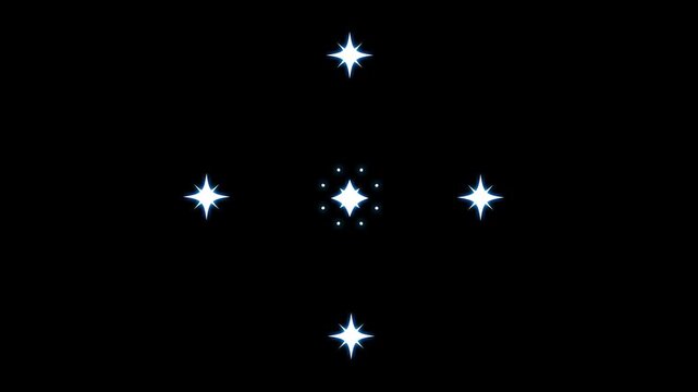 Twinkle glitter star animation featuring white cartoon flat vector doodles, glowing blinking festive shine effects for holiday overlays on transparent black screen, loopable 4K