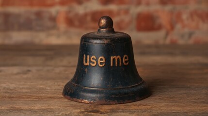 A vintage bell with the words "use me" inscribed, resting on a wooden surface against a rustic brick background.