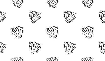 Goalkeeper glove doodle icon seamless pattern background. Football gloves sport tiled hand drawn illustration outline vector background. Soccer gloves and ball background.