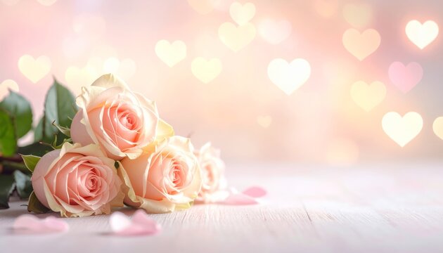 A beautiful bouquet of romantic pink rose blossoms and petals arranged with candles on a rustic wooden table for a Valentine or wedding gift