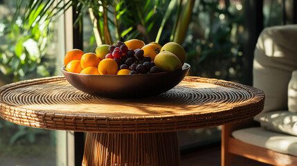 Fresh assortment of fruits arranged on a wicker basket, ideal for health, market, or food promotional content.