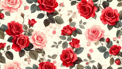 Naklejka premium Beautiful seamless floral pattern featuring a romantic bouquet of red and pink rose blossoms with green leaves for a wedding anniversary or Valentine gift background