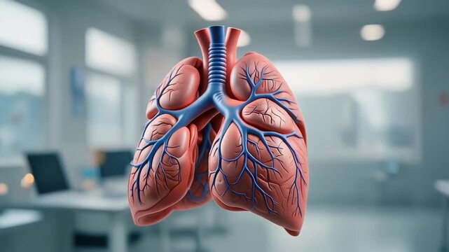 Detailed 3D rendering of human lungs with trachea, bronchi, and pulmonary vessels in a medical setting.