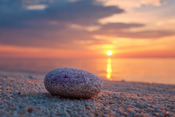 Stone on a sandy beach at sunset, with golden sunlight reflecting on the water