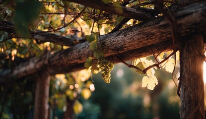 Wooden trellis, sunlit grape vines, creating a natural canopy
