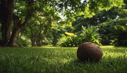 A coconut rests in lush green grass with trees in background, sunlight filtering through