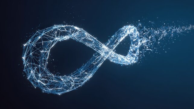 A mesmerizing depiction of infinity, composed of intricate connections of light particles, appears to float against the deep blue background. ..Created with Generative AI, not depicting real subjects. - Powered by Adobe