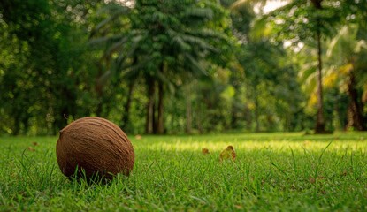 A single coconut rests on bright green grass, with a lush forest backdrop