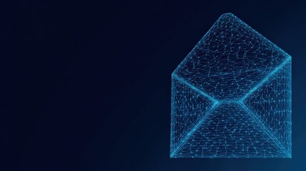 An abstract digital representation of an open envelope glows against a dark blue backdrop, symbolizing communication and the digital age. ..Created with Generative AI, not depicting real subjects.