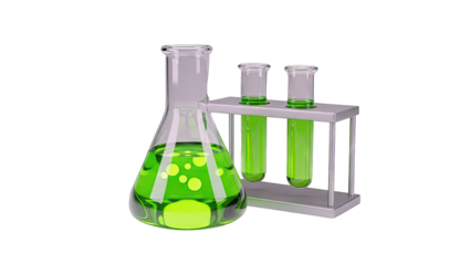 Erlenmeyer Flask and Test Tubes with Green Liquid