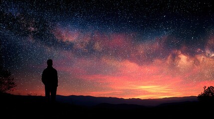 Fototapeta premium A lone figure stands in silhouette, gazing at the breathtaking canvas of a star-studded night sky. This image evokes a sense of solitude. ..Created with Generative AI, not depicting real subjects.