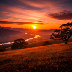 Warm sunset landscape view capturing golden tones calm scenery and natural beauty