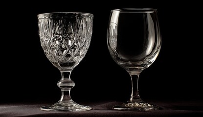 Two empty crystal goblets on a dark surface, one intricately cut, the other smooth