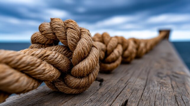 Rope tied on dock leading to water with cloudy sky in the background during daytime near the ocean