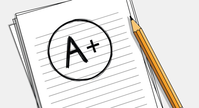 Excellent school test result with a perfect 'A+' grade circled in black, shown on a piece of lined paper with a pencil.