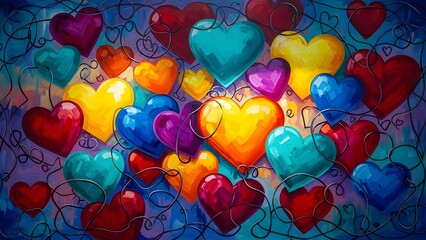 Colorful puzzle pieces in heart shapes on blue background