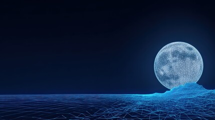 An ethereal moon, crafted from luminous lines, rises majestically over a digital landscape, creating a sense of wonder and futuristic allure. ..Created with Generative AI, not depicting real subjects.