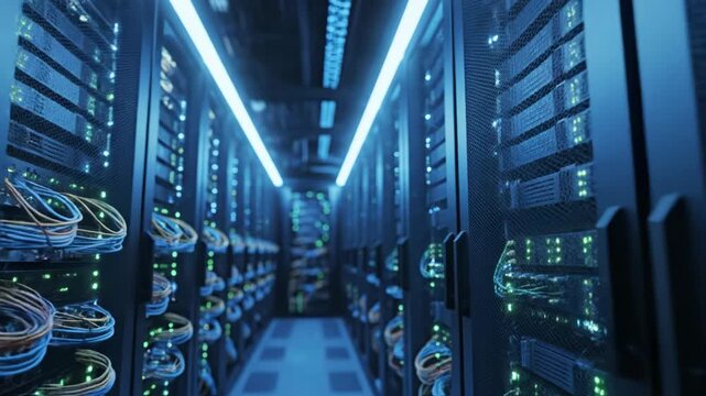 Rows of computer servers with cables and wires in a data center with blue lighting