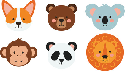 Obraz premium Cute Animal Faces Icon Set Featuring Fox Bear Koala Monkey Panda and Lion Flat Vector Illustration