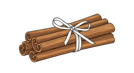 Vintage engraving-style illustration of a bundle of aromatic cinnamon sticks tied together with a delicate white ribbon and bow.
