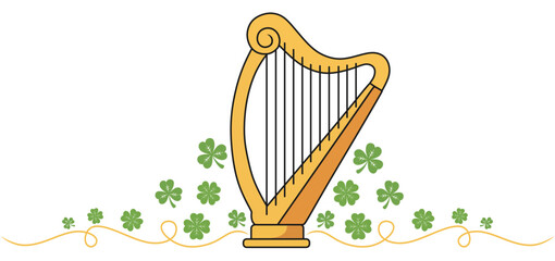 Irish Harp with Green Shamrocks and Gold Ornaments Illustration