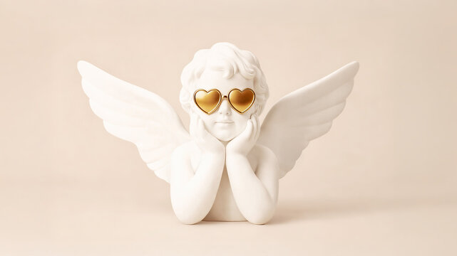 Minimalist cupid cherub bust with heart sunglasses. Love, romance, Valentine&rsquo;s Day, classical art, modern decor concepts