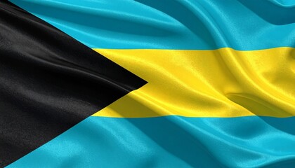 Bahamas national flag with aquamarine, gold, and black triangle symbolizing sea, sun, and strength.