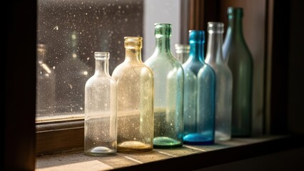 Dusty colored glass bottles on window sill