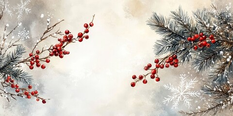 Winter watercolor background presentation design with text space for display, winter branches and berries, pine twigs and snowflakes on a white background with empty center area, Generative AI