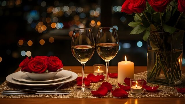Beautiful romantic dinner setup with wine glasses candle and roses on a table for valentines day celebration - Powered by Adobe