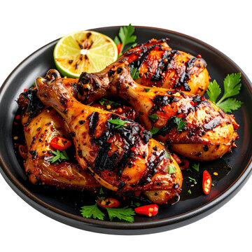 Authentic indonesian ayam bakar, grilled marinated chicken with a dark, flavorful coating, presented on a plate and isolated on a clean white background