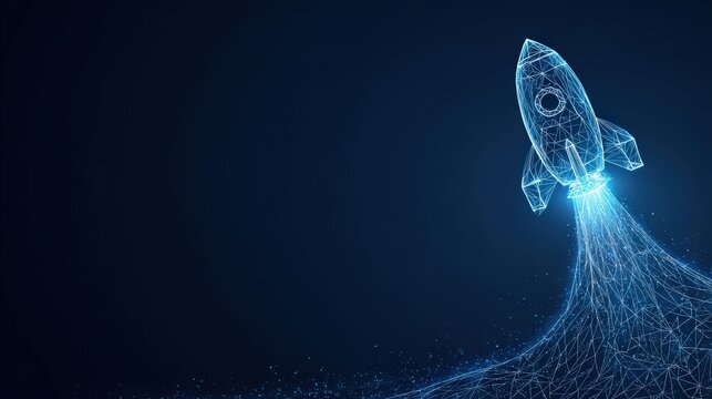 A futuristic digital rocket blasts off against a dark blue background, symbolizing innovation, progress. ..Created with Generative AI, not depicting real subjects.