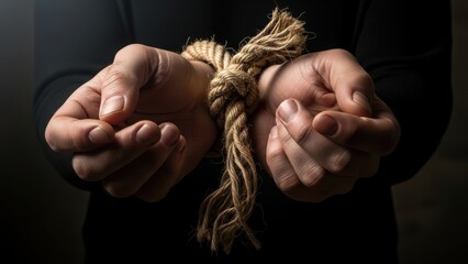 Bound hands with rope in dark setting
