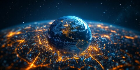 Aerial view of Earth globe surrounded by multiple highways, traffic lights glowing at night in city centers  Concept for global business technology and digital connectivity, Generative AI