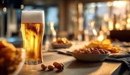 Golden pint of beer with snacks on a table, soft focus background