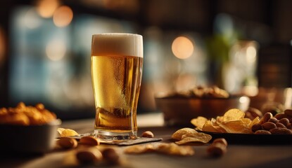 A tall glass of golden beer with snacks sits on a bar, out of focus background