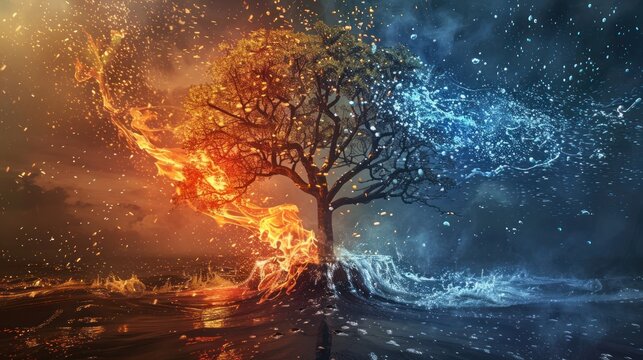 Tree between fire and water elements