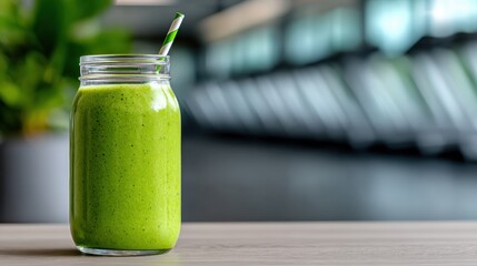 Fresh green smoothie in a jar placed on a table in a modern gym during the day