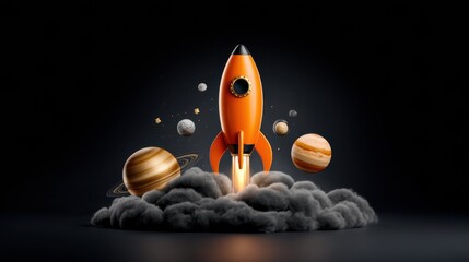 Rocket launches into space with planets surrounding it at night in a creative design