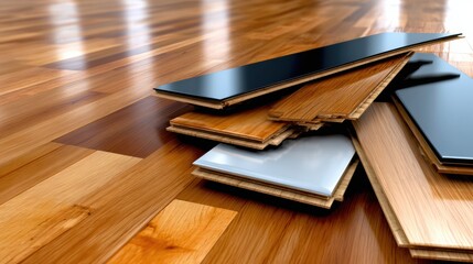 Wood flooring installation process with planks stacked on the ground in a room setting during daytime