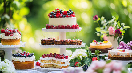 Outdoor Garden Party Cakes Display With Berries And Floral Decor For Celebration. A colorful outdoor dessert spread featuring multiple cakes and pastries on white stands among lush greenery. 