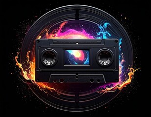 Black cassette tape with nebula design, encircled by a ring, sparks