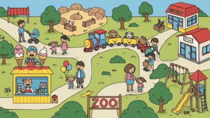 Fototapete Rund Zoo Children enjoying a fun day at the zoo with family and friends.  © Iwan