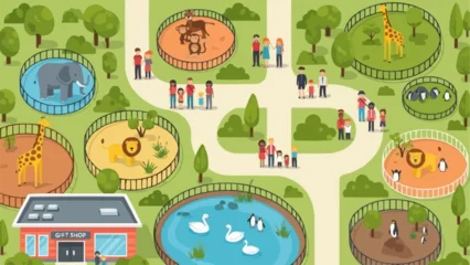 Fototapete Rund Zoo Cartoon zoo scene with various animals and visitors enjoying the day.  © Iwan