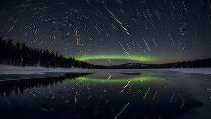 star trails and green aurora over a serene frozen lake at night