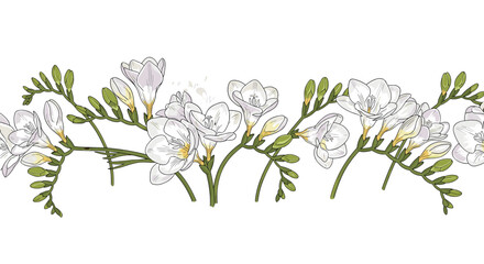 A delicate and seamless horizontal border of beautiful white freesia flowers with green stems and buds, illustrated in a vintage style.