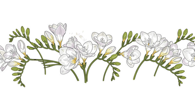 A delicate and seamless horizontal border of beautiful white freesia flowers with green stems and buds, illustrated in a vintage style.