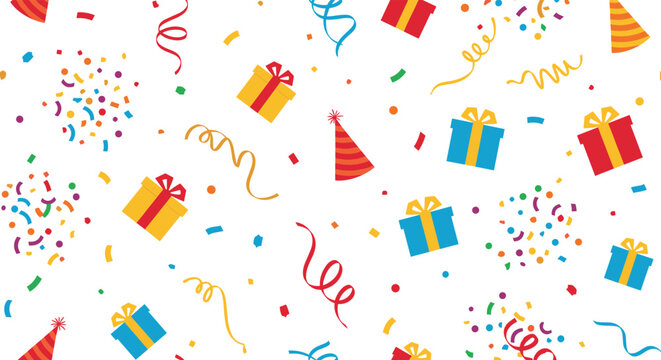 A festive seamless pattern with party elements like gift boxes, confetti, streamers, and birthday hats on a white background.