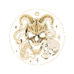 Golden fantasy joker skull with mask and tentacles on black. Esoteric, occult and gothic illustration with symbols of death, Halloween mystic background, engraved outline drawing
