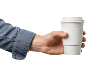 Hand holding a white disposable coffee cup with a sleeve